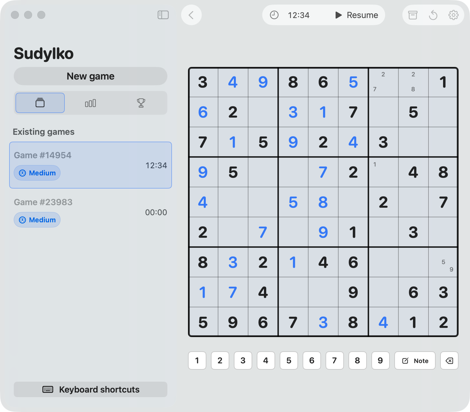A Medium Sudylko game, with saved games in the sidebar